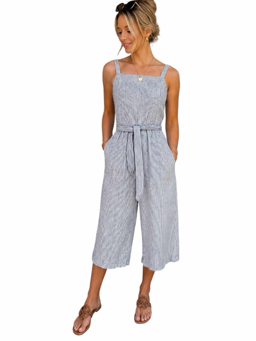 Old Navy Medium Linen Blend Blue White Stripe Cropped Jumpsuit Romper